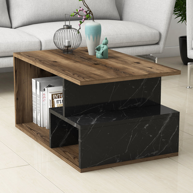 Tavolino design salotto colore noce e marmo nero cm 90x54x42h