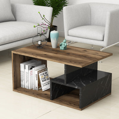 tavolino basso design in legno colore noce e marmo nero