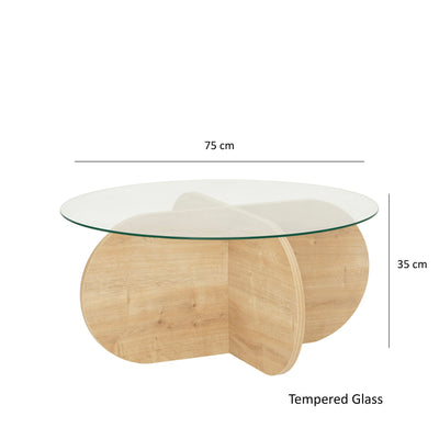 Tavolino basso rotondo base colore quercia piano in vetro cm 75x35h
