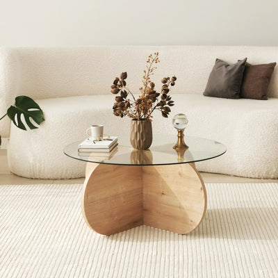 tavolino da salotto basso piano tondo in vetro trasparente base incrociata colore quercia