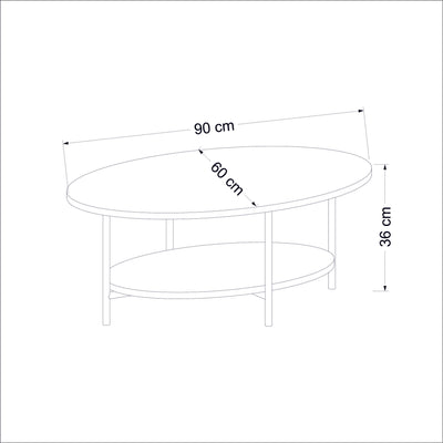 Tavolino da caffè moderno ovale in legno rovere e bianco e metallo cm 90x60x36h