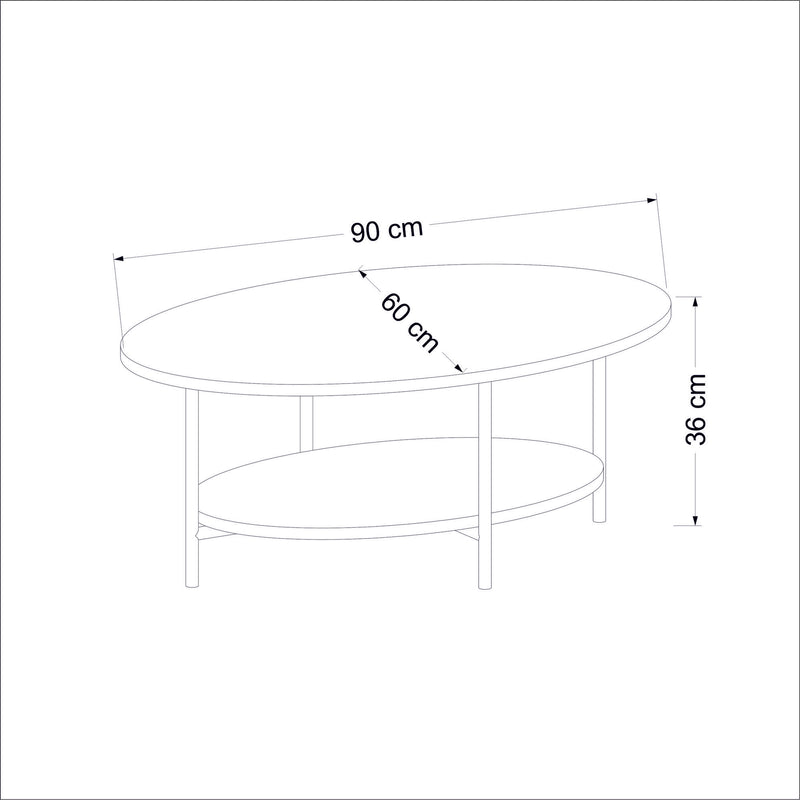 Tavolino da caffè moderno ovale in legno rovere e bianco e metallo cm 90x60x36h