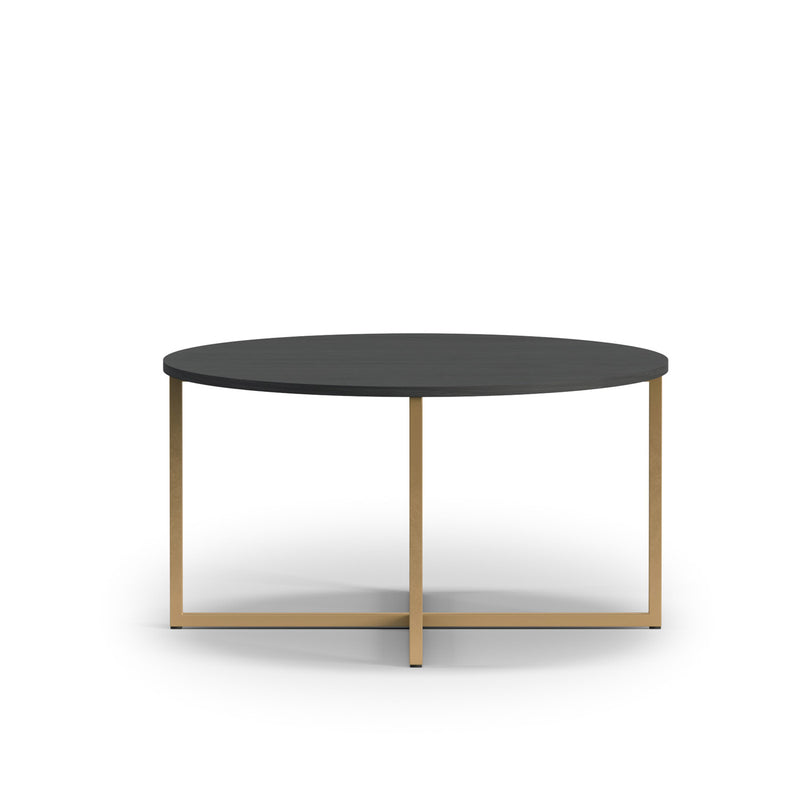 Tavolino salotto rotondo moderno in metallo dorato piano frassino nero cm 80x43h