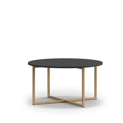 tavolino tondo da cm 80 basso da salotto base in metallo dorato piano melaminico nero frassinato