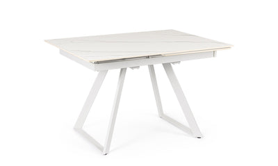 Tavolo moderno con piano in ceramica effetto marmo e gambe colore bianco cm 120/180x90x76h
