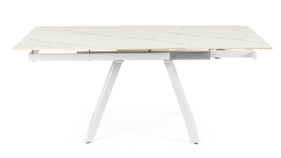 Tavolo moderno con piano in ceramica effetto marmo e gambe colore bianco cm 120/180x90x76h