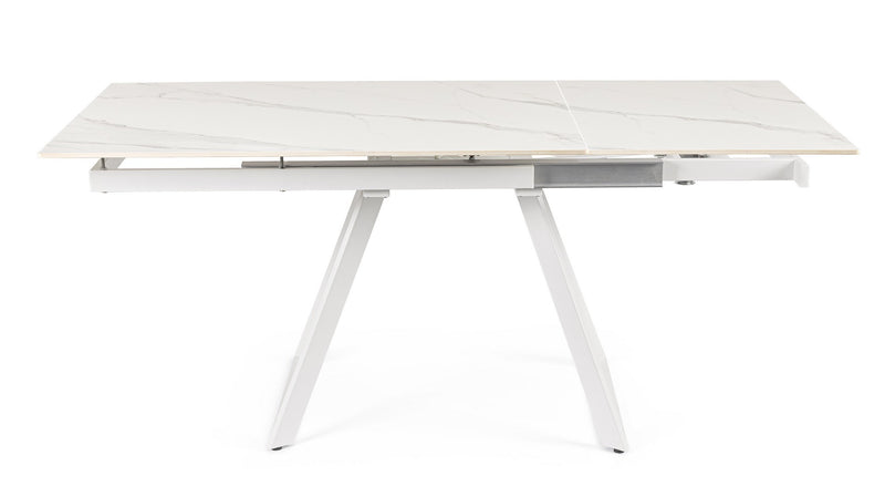 Tavolo moderno con piano in ceramica effetto marmo e gambe colore bianco cm 120/180x90x76h