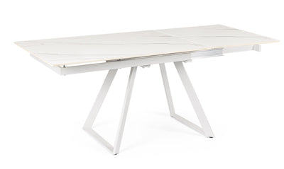 Tavolo moderno con piano in ceramica effetto marmo e gambe colore bianco cm 120/180x90x76h