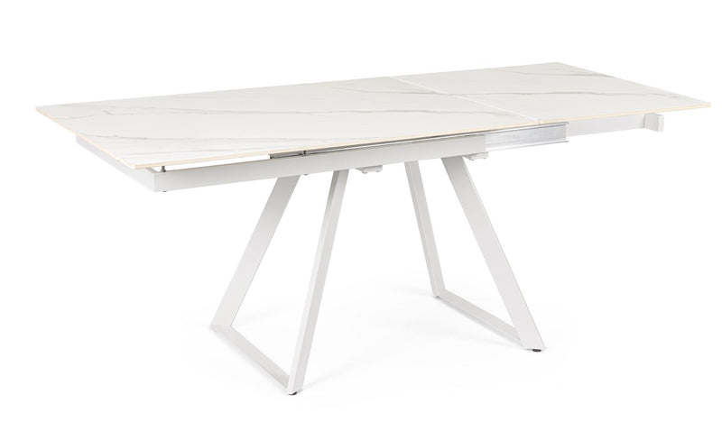 Tavolo moderno con piano in ceramica effetto marmo e gambe colore bianco cm 120/180x90x76h