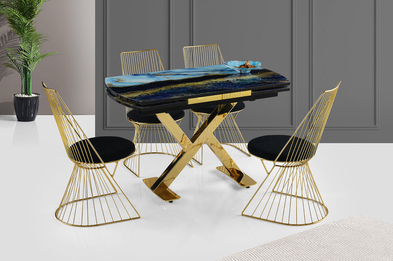 tavolo design allungabile piano co top in vetro decorato gambe in metallo colore oro