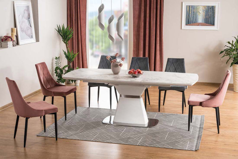tavolo moderno allungabile piano in legno e ceramica marmo bianco con base in legno bianco opaco