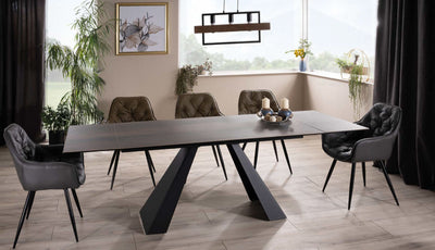 tavolo allungabile moderno piano in ceramica effetto legno con gambe in metallo nero