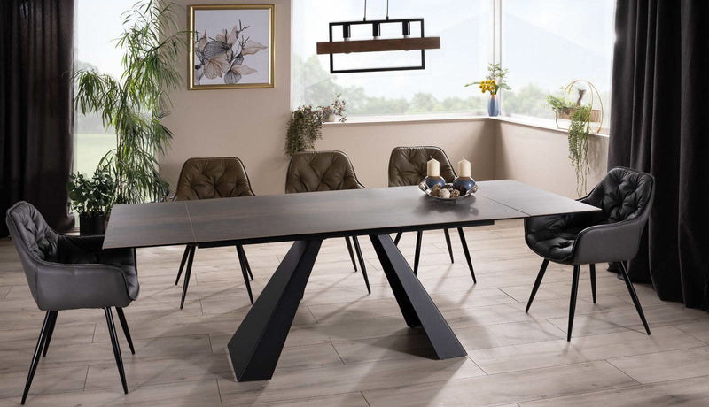 tavolo allungabile moderno piano in ceramica effetto legno con gambe in metallo nero