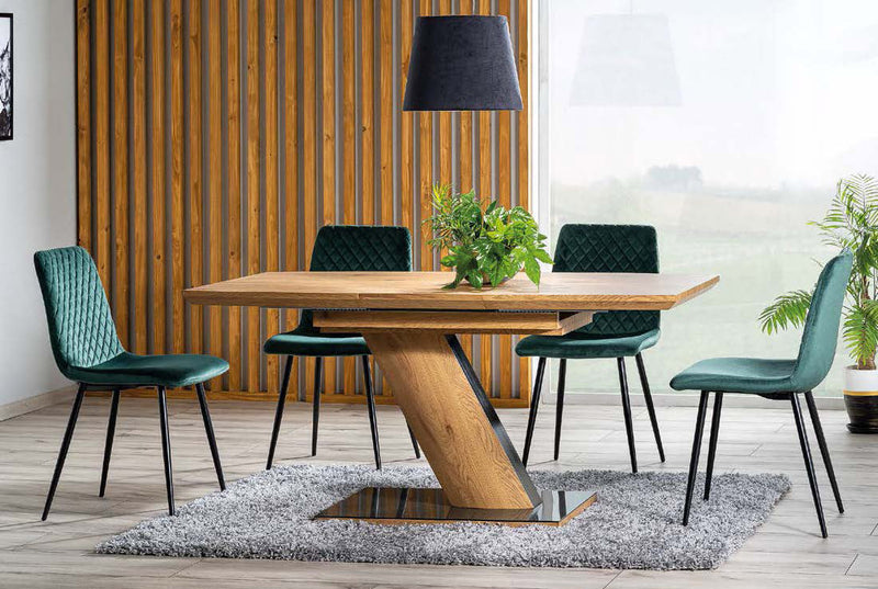 tavolo design in legno colore rovere allungabile con prolunga centrale base in legno e vetro nero lucido