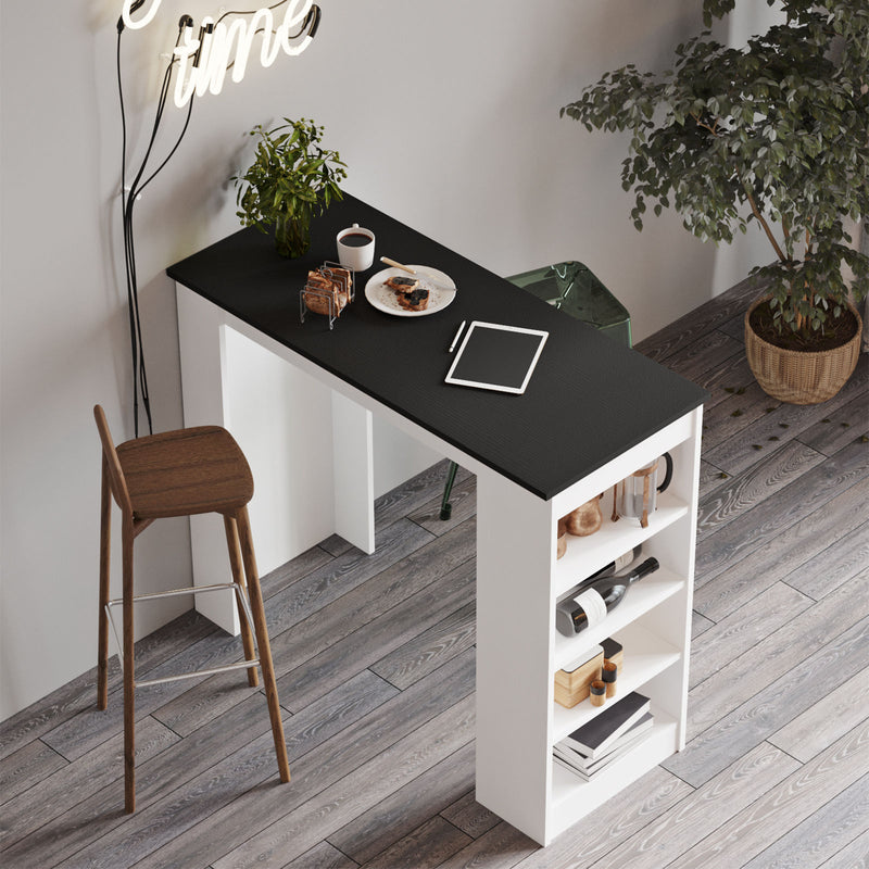 Tavolo alto snack per cucina in legno con scaffale colore bianco e nero cm 120x52x102h