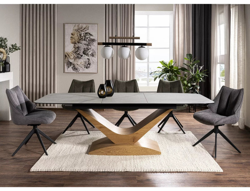 Tavolo moderno allungabile con piano ceramica effetto marmo base colore rovere cm 180/240x95x76h