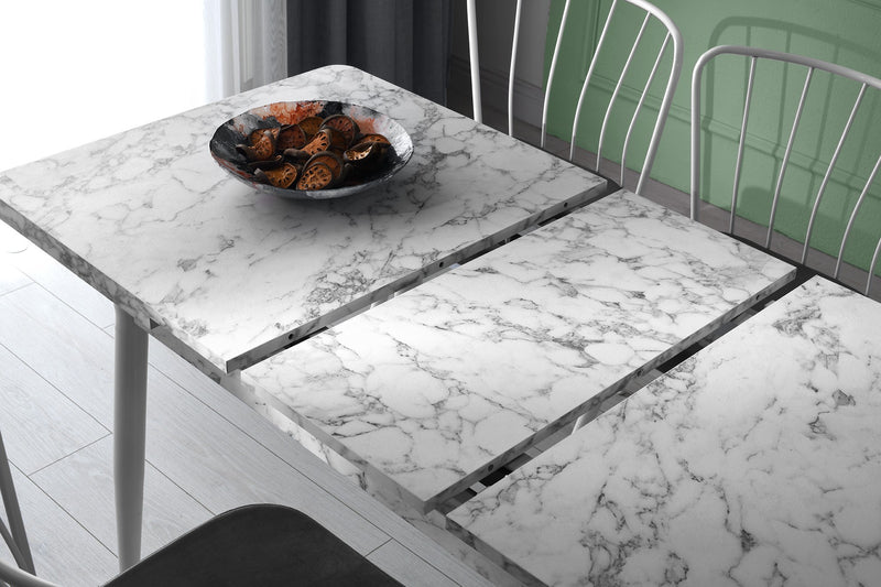 Tavolo moderno allungabile piano effetto marmo gambe in metallo cm 120/150x70x75h