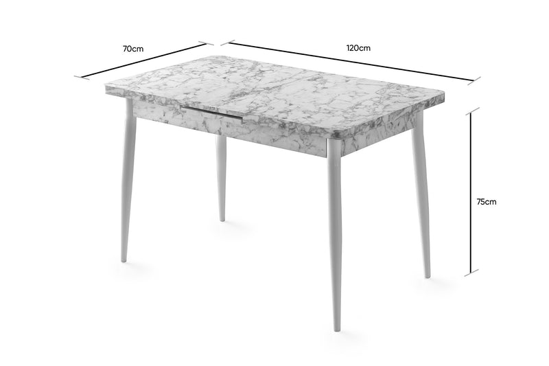 Tavolo moderno allungabile piano effetto marmo gambe in metallo cm 120/150x70x75h