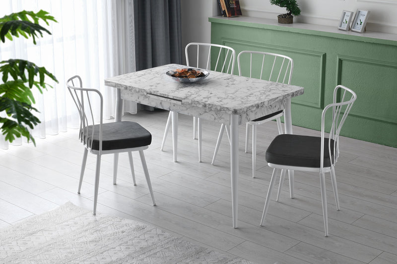 tavolo moderno allungabile da cm 120 a cm 150 piano in legno marmo gambe in metallo colore bianco