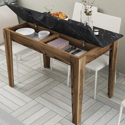 Tavolo moderno fisso in legno colore noce piano apribile marmo bianco cm 110x72x75h