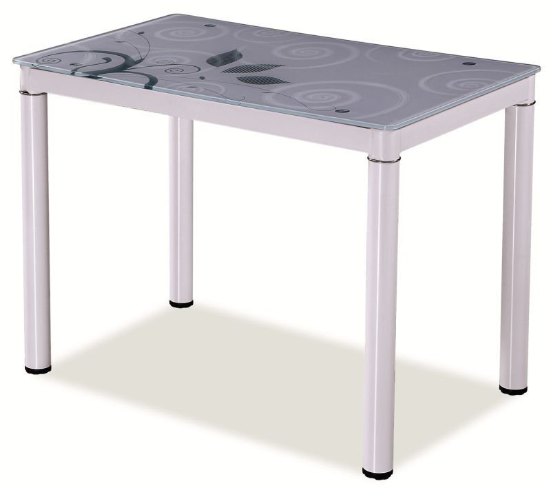 tavolo da pranzo moderno cm 80x60 piano in vetro decorato gambe in metallo bianco