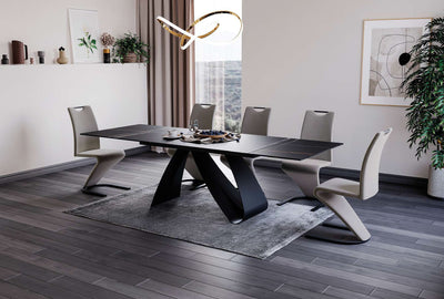 tavolo allungabile design base in metallo nero piano in vetro e ceramica marmo nero