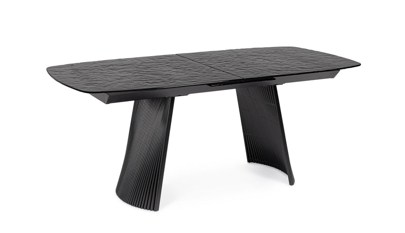 Tavolo moderno colore nero con piano in vetro e gamba design in metallo cm 180/220x90x76h