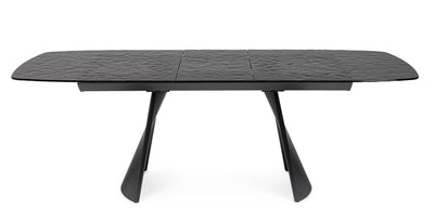 Tavolo moderno colore nero con piano in vetro e gamba design in metallo cm 180/220x90x76h