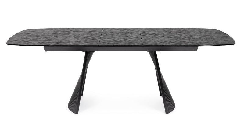 Tavolo moderno colore nero con piano in vetro e gamba design in metallo cm 180/220x90x76h