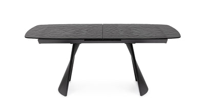 Tavolo moderno colore nero con piano in vetro e gamba design in metallo cm 180/220x90x76h