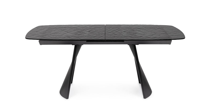 Tavolo moderno colore nero con piano in vetro e gamba design in metallo cm 180/220x90x76h