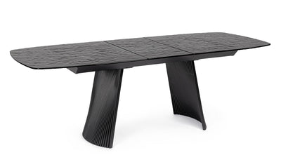 Tavolo moderno colore nero con piano in vetro e gamba design in metallo cm 180/220x90x76h