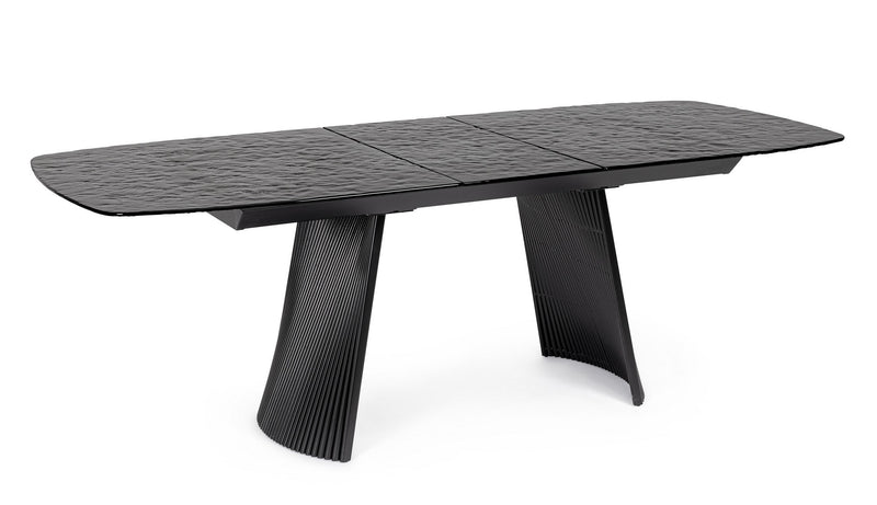 Tavolo moderno colore nero con piano in vetro e gamba design in metallo cm 180/220x90x76h