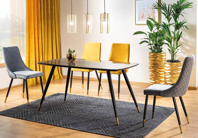Tavolo fisso elegante in vetro effetto pietra gambe in metallo  nero e oro cm 140x80x76h