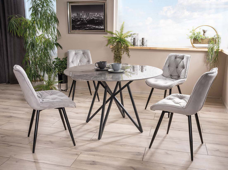 tavolo fisso tondo piano in ceramica marmo grigio base in metallo nero