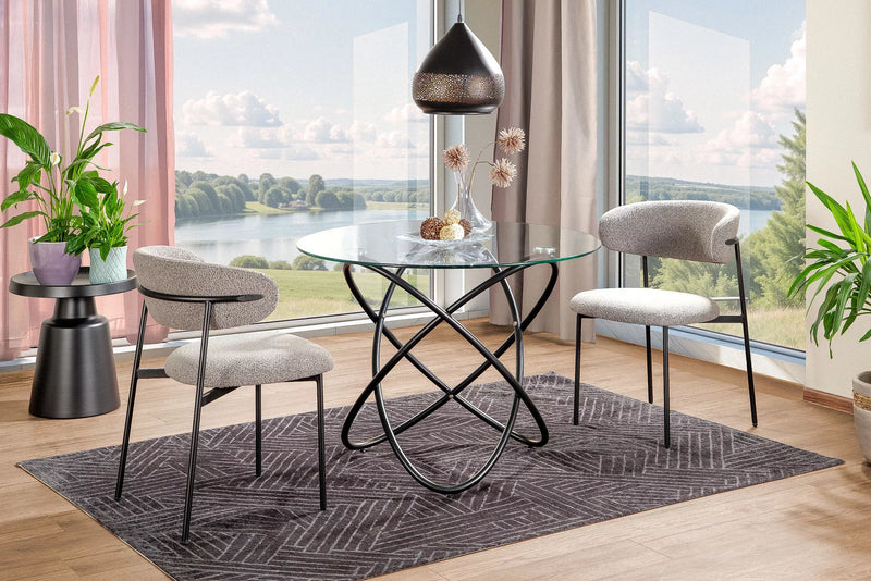 Tavolo tondo moderno in vetro trasparente e gamba design in metallo nero cm 100x75h