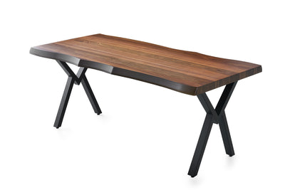 Tavolo fisso con piano in legno bordi irregolari gambe in metallo cm 180x80x75h