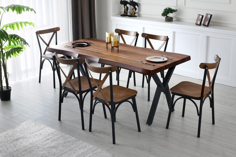 tavolo fisso da pranzo cm 180 piano in legno colore noce bordi irregolari gambe in metallo nero