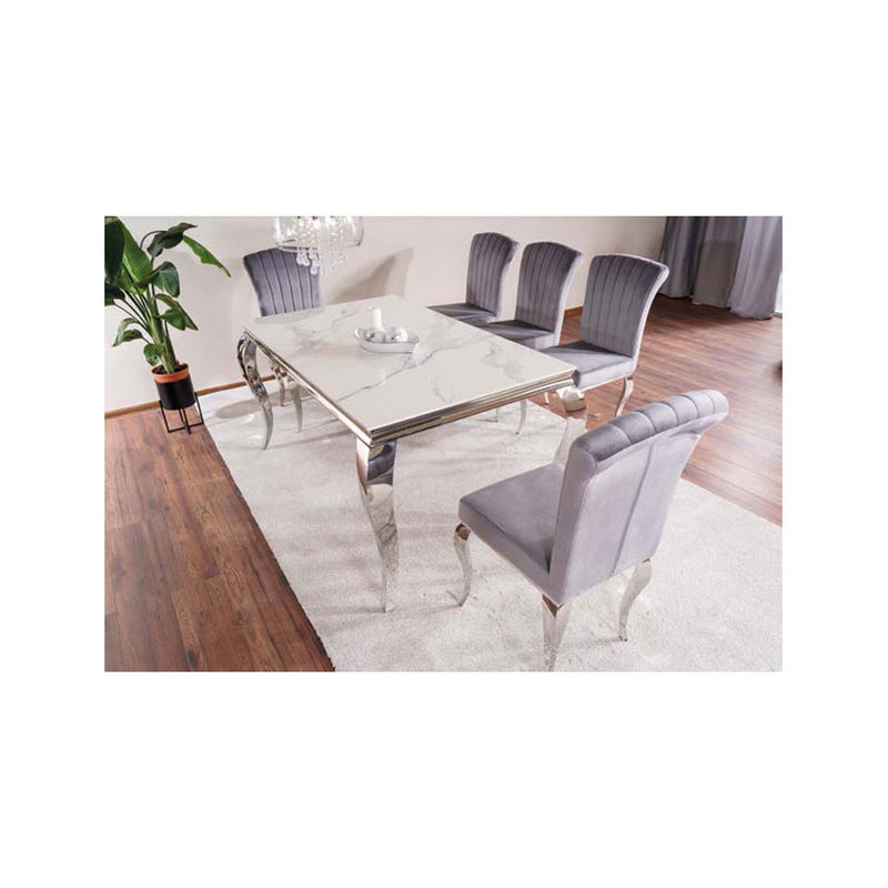 Tavolo fisso piano ceramica marmo bianco gambe in acciaio cromato cm 150x90x75h