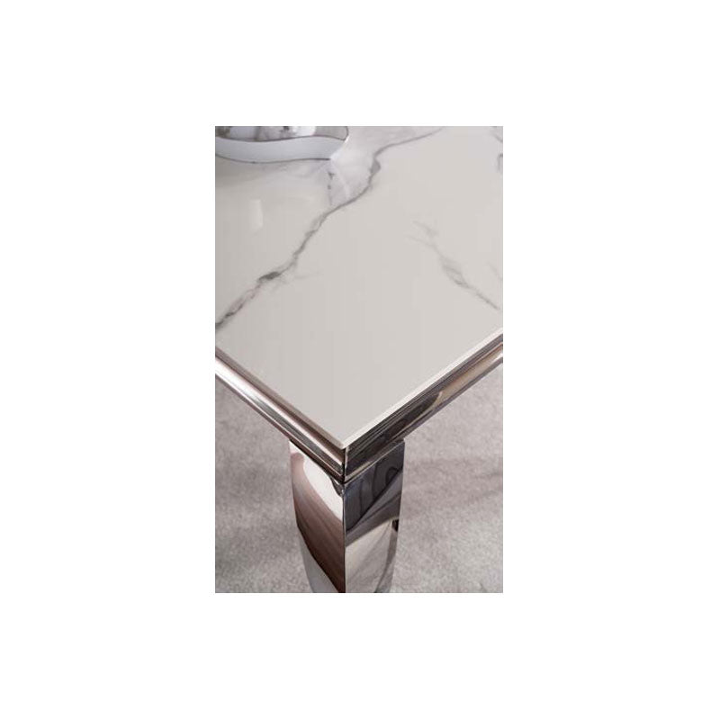 Tavolo fisso piano ceramica marmo bianco gambe in acciaio cromato cm 150x90x75h