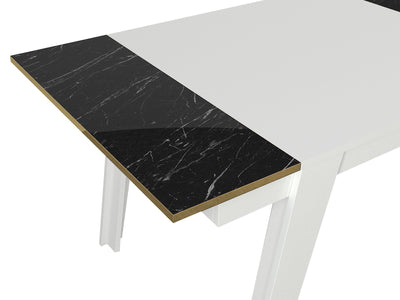 Tavolo da pranzo elegante fisso in legno bianco e marmo nero cm 148x85x76h