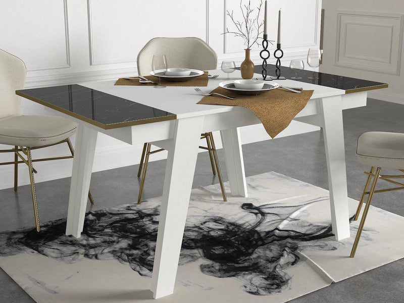 tavolo fisso moderno elegante in legno bianco opaco piano bianco e marmo nero bordo dorato