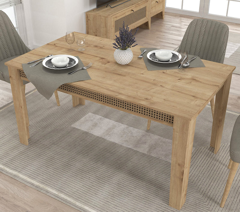 Tavolo fisso da pranzo in legno colore naturale inserti con paglia di Vienna cm 150x85x74h