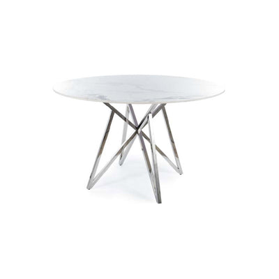 Tavolo fisso tondo in ceramica effetto marmo struttura in metallo cromato cm 120x76h