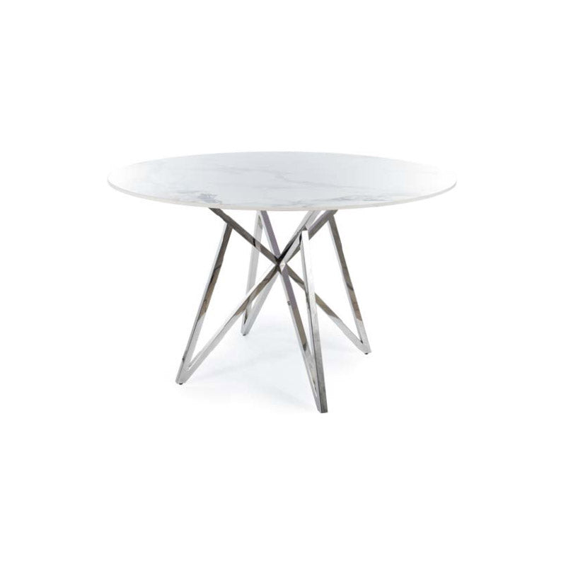 Tavolo fisso tondo in ceramica effetto marmo struttura in metallo cromato cm 120x76h