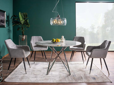 tavolo rotondo fisso piano cm 120 in ceramica effetto marmo bianco struttura in metallo cromato