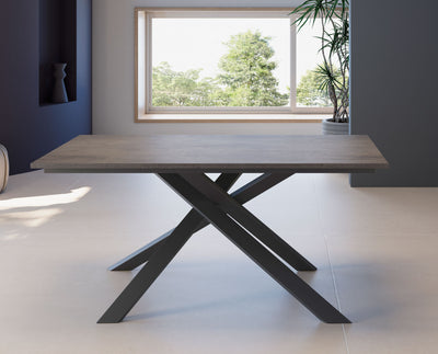 tavolo allungabile piano in legno cemento lavanda gambe incrociate in metallo antracite