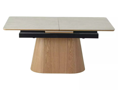 Tavolo moderno allungabile in ceramica colore travertino e gamba a tronco cm 160/200x90x75h