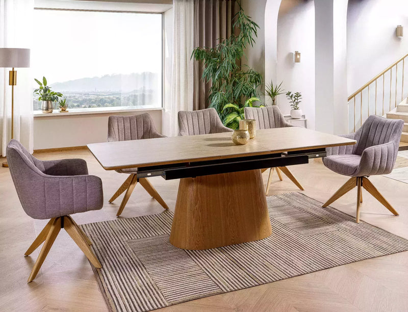 Tavolo moderno allungabile in ceramica colore travertino e gamba a tronco cm 160/200x90x75h