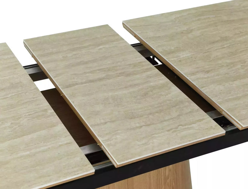 Tavolo moderno allungabile in ceramica colore travertino e gamba a tronco cm 160/200x90x75h